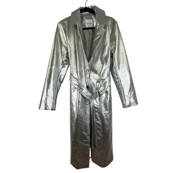 Avec Les Filles Silver Metallic Button Front Trench Coat Belted Medium *flawed - Picture 1 of 13